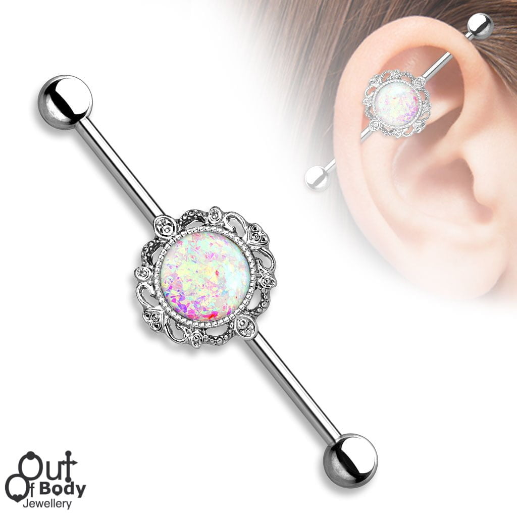 Opal Glitter center w/ Filigree Around 316L Surgical Steel Freedom Fashion Industrial Barbell 